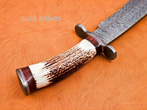 Handmade Damascus Steel Bowie Knive - Stag & Rose Wood Handle - SUSA KNIVES