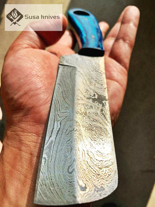 HAND FORGED DAMASCUS STEEL BULL CUTTER/COWBOY KNIFE & PUKKA WOOD HANDLE - SUSA KNIVES