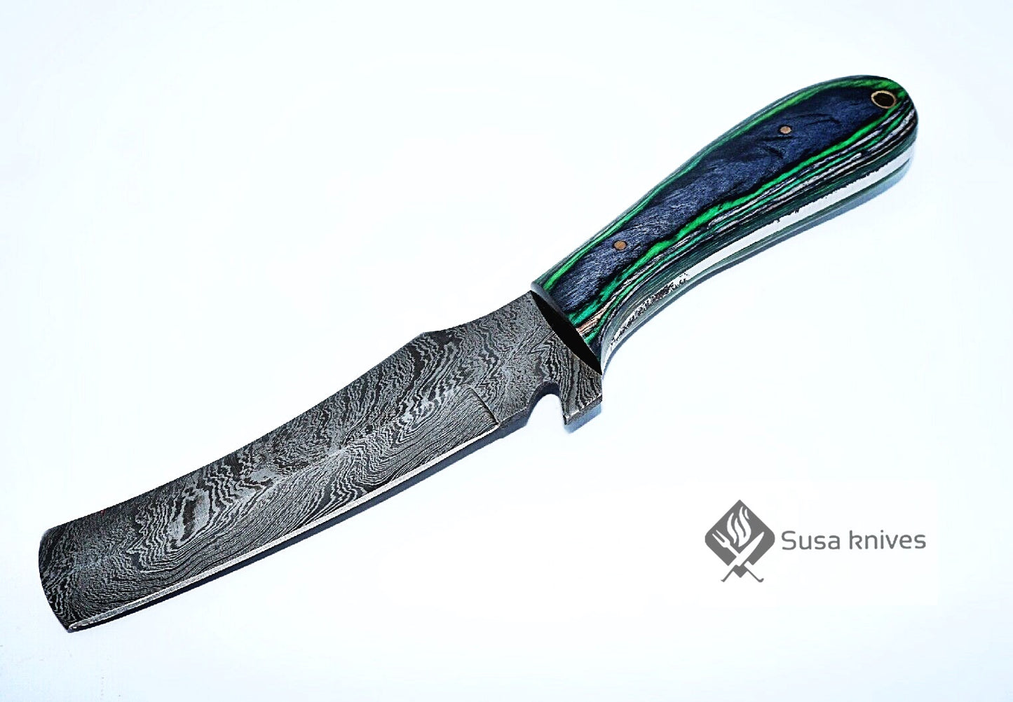 HAND FORGED DAMASCUS STEEL BULL CUTTER/COWBOY KNIFE & PUKKA WOOD HANDLE - SUSA KNIVES
