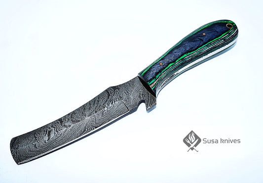 HAND FORGED DAMASCUS STEEL BULL CUTTER/COWBOY KNIFE & PUKKA WOOD HANDLE - SUSA KNIVES