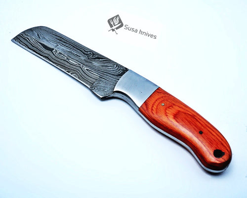 HAND FORGED DAMASCUS STEEL BULL CUTTER/COWBOY KNIFE & PUKKA WOOD HANDLE - SUSA KNIVES