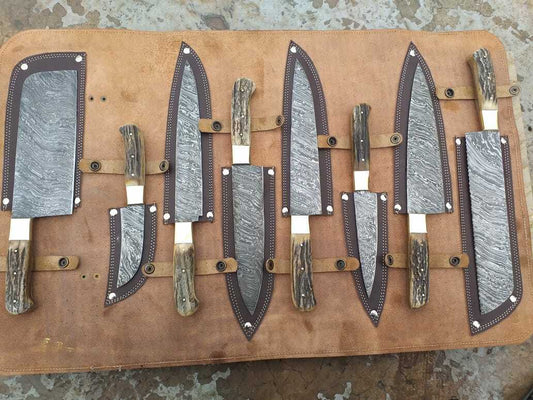 Damascus Steel Antler Horn Grip Chef Kitchen Knives Professional Set of 8 Knives - SUSA KNIVES