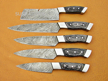 CUSTOM HANDMADE DAMASCUS STEEL CHEF SET/KITCHEN KNIVES 5 PCSC BLACK MICARTA - SUSA KNIVES