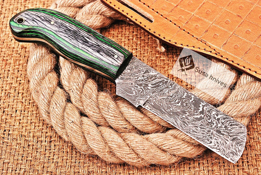 HAND FORGED DAMASCUS STEEL BULL CUTTER/COWBOY KNIFE & PUKKA WOOD HANDLE - SUSA KNIVES