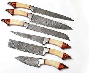 Custom made damascus steel 6Pc's kitchen/chef knife set with Leather rol bag - SUSA KNIVES