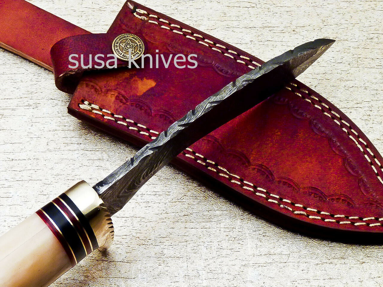 HAND FORGED DAMASCUS 9.5" KUKRI KNIFE WITH CAMEL BONE HANDLE - SUSA KNIVES