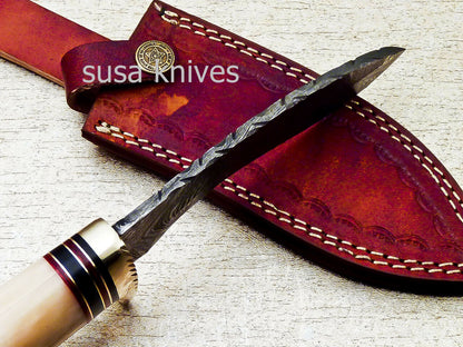 HAND FORGED DAMASCUS 9.5" KUKRI KNIFE WITH CAMEL BONE HANDLE - SUSA KNIVES