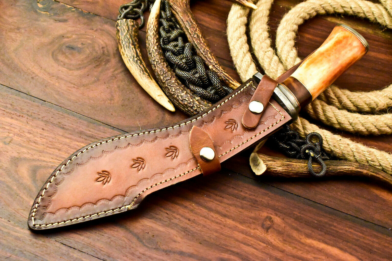 Custom Handmade Damascus Kukri Hunting Knife | Farms Camel Bone - SUSA KNIVES