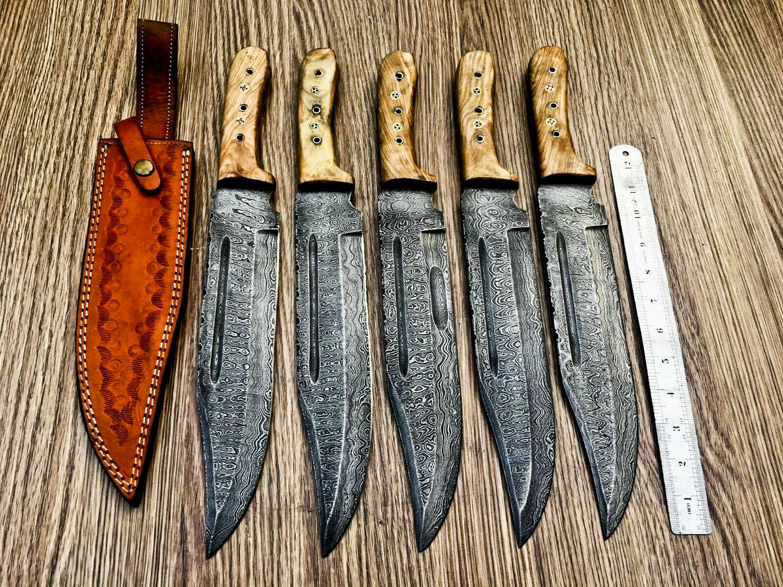 Lot of 5 Handmade Damascus Steel Bowie Knives & Sheaths | Olive Wood Handle - SUSA KNIVES