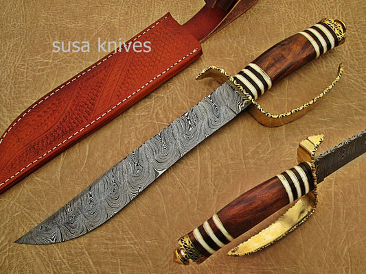 Beautiful Handmade Damascus Steel Hunting Bowie Knife Camel Bone wood Handle - SUSA KNIVES