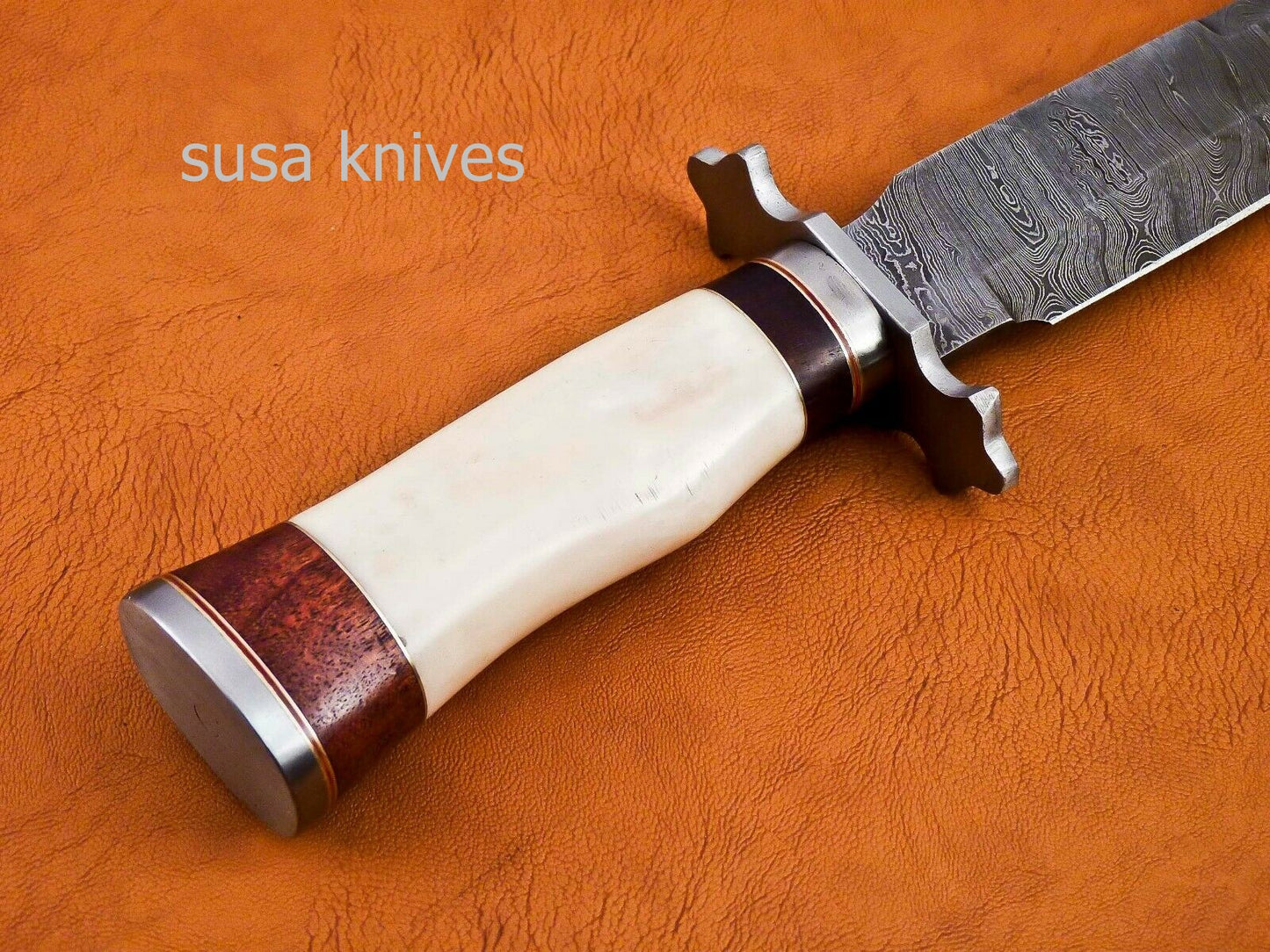 Handmade Damascus Steel Bowie Knive - Cammel Bone & Rose Wood Handle - SUSA KNIVES