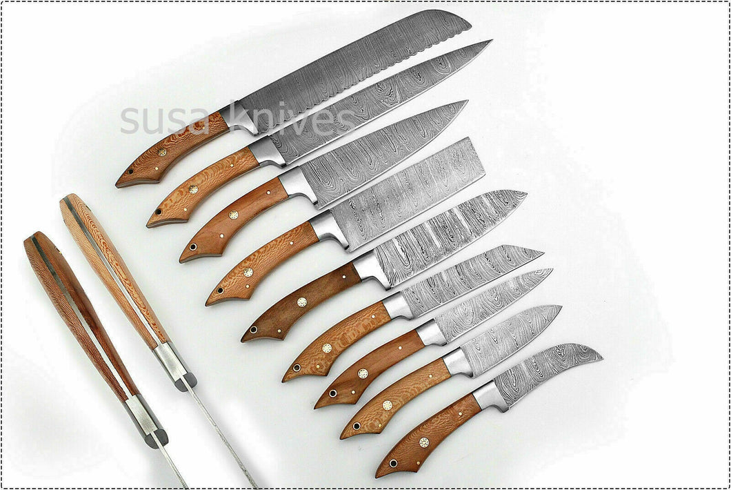 Professional Custom Made Damascus Steel 9Pcs Kitchen Knives Set-103-9-Chenar - SUSA KNIVES
