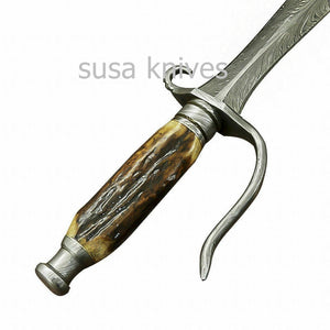 Beautiful Custom Handmade Damascus Steel Sword [Sheath] Stag Horn Handle - SUSA KNIVES