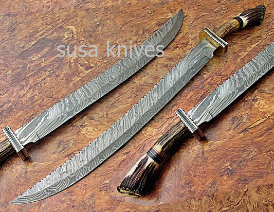 CUSTOM HAND MADE DAMASCUS STEEL HUNTING SWORD KNIFE - SUSA KNIVES