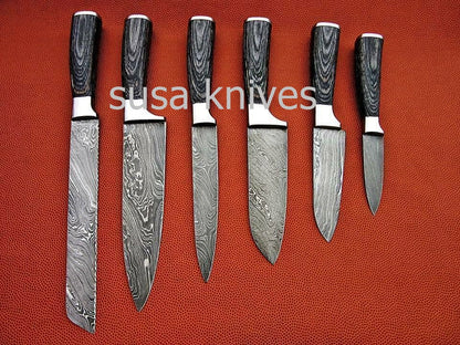 CUSTOM MADE DAMASCUS BLADE 6Pcs. CHEF/KITCHEN KNIVES SET - SUSA KNIVES