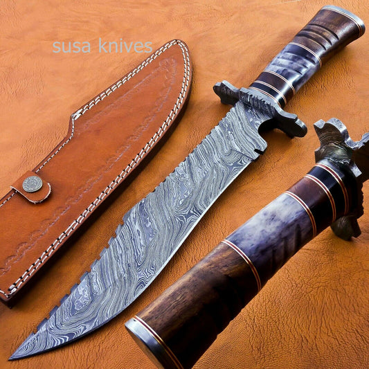 Handmade Damascus Steel Bowie Knive - Cammel Bone & Rose Wood Handle - SUSA KNIVES