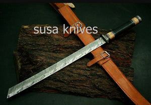 Custom Handmade Damascus Steel SWORD " Buffalo Horn Handle - SUSA KNIVES