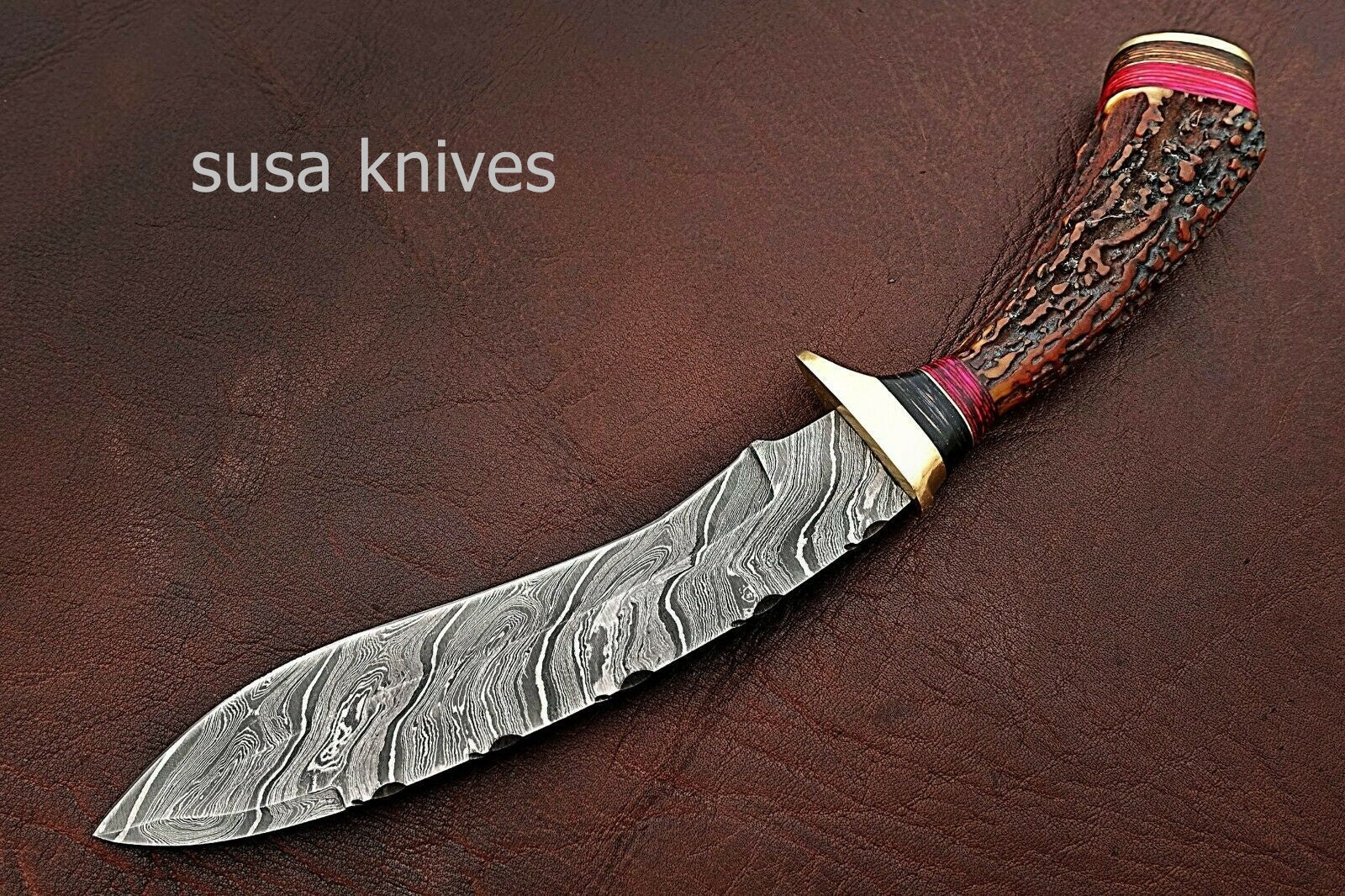 Custom Handmade Damascus Steel Kukri Style Hunting Knife with Stag Handle - SUSA KNIVES
