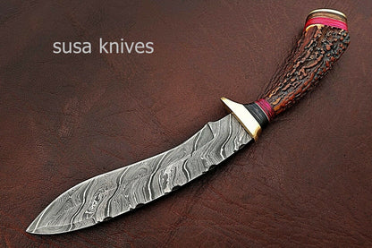 Custom Handmade Damascus Steel Kukri Style Hunting Knife with Stag Handle - SUSA KNIVES