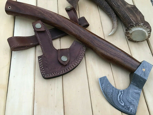 CUSTOM HAND FORGED DAMASCUS STEEL WALNUT WOOD CAMPING TOMAHAWK AXE WITH SHEATH - SUSA KNIVES