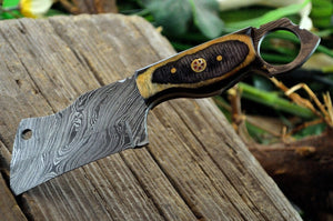 CUSTOM MADE MINI POCKET CLEAVER HUNTING KNIFE FORGED DAMASCUS STEEL WITH SHEATH - SUSA KNIVES