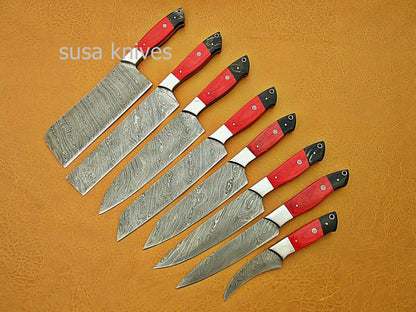 CUSTOM HANDMADE DAMASCUS STEEL CHEF SET/KITCHEN 8 PCS ROSEWOOD ,BUFFALO HORN - SUSA KNIVES