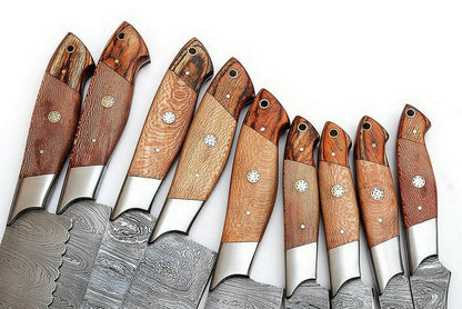 Set Of 9 Beautiful Handmade Damascus Steel Chef Knives With Leather Bag - SUSA KNIVES