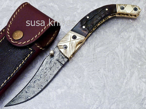 SUPERB CUSTOM HANDMADE DAMASCUS STEEL POCKET FOLDING KNIFE LINER LOCK - SUSA KNIVES
