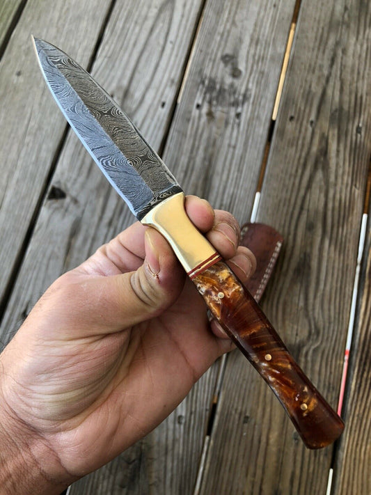 HAND FORGED DAMASCUS STEEL DAGGER BOOT Throwing Knife Resin & Brass Handle - SUSA KNIVES