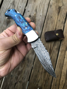 HAND FORGED DAMASCUS STEEL BackLock Folding Knife W/Stained Wood & Steel Handle - SUSA KNIVES