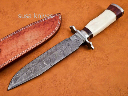 Handmade Damascus Steel Bowie Knive - Cammel Bone & Rose Wood Handle - SUSA KNIVES