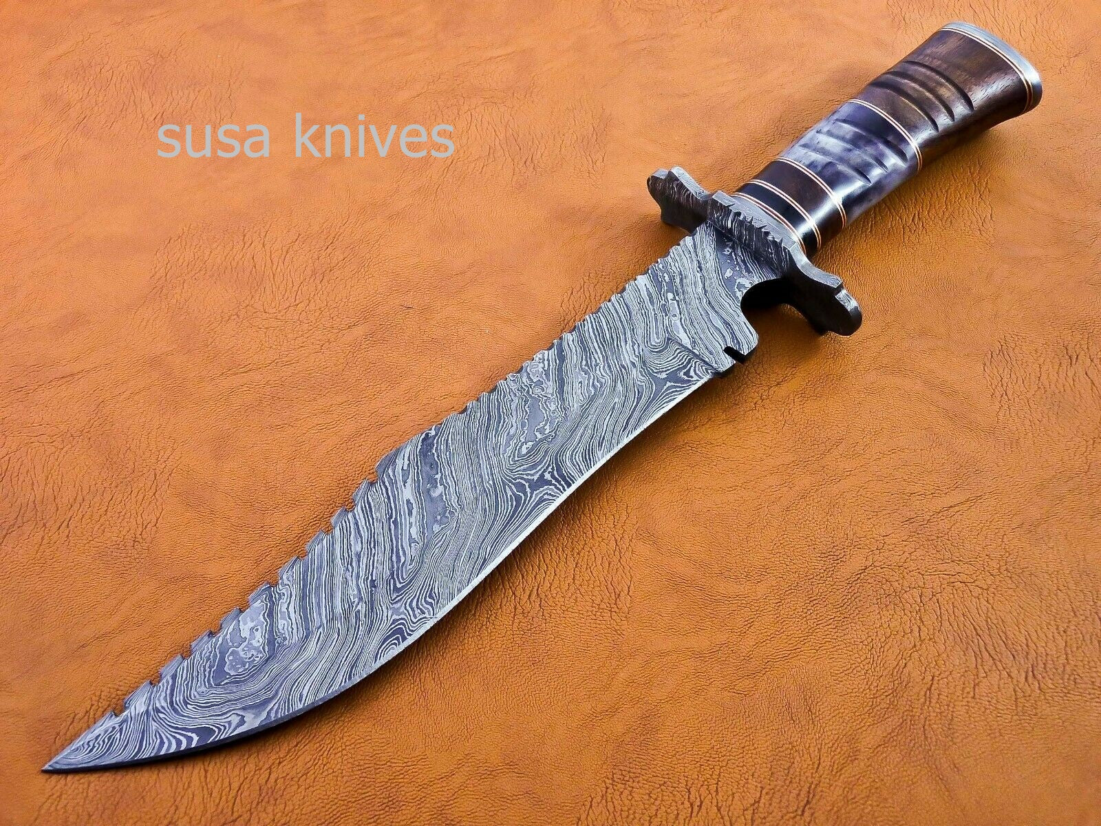 Handmade Damascus Steel Bowie Knive - Cammel Bone & Rose Wood Handle - SUSA KNIVES