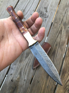 HAND FORGED DAMASCUS STEEL DAGGER BOOT Throwing Knife Resin & Brass Handle - SUSA KNIVES