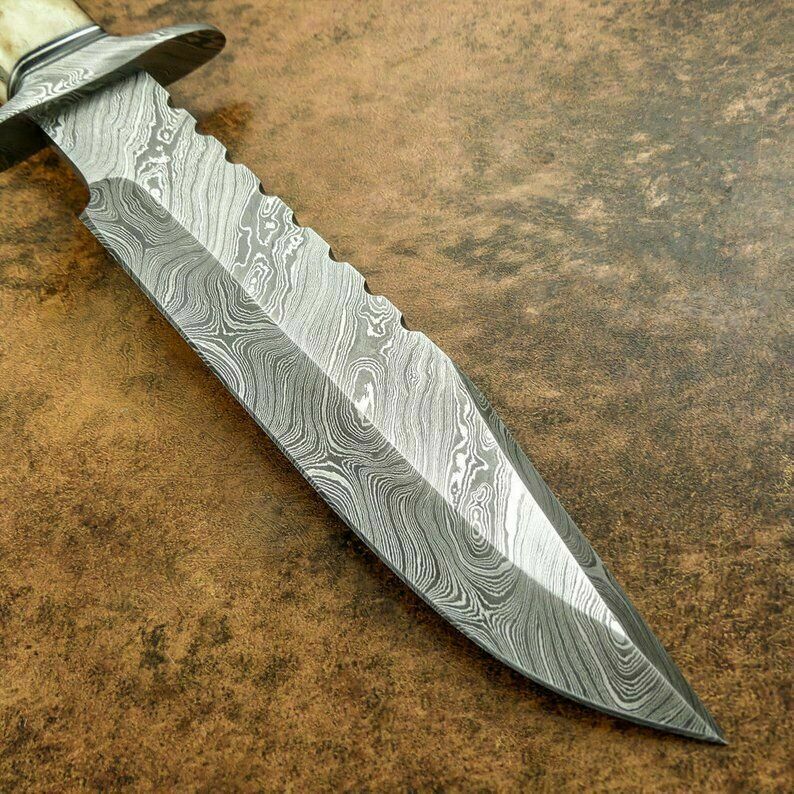 CUSTOM DAMASCUS BOWIE HUNTING KNIFE - DAMASCUS GUARD - STAG CROWN ANTLER HANDLE - SUSA KNIVES