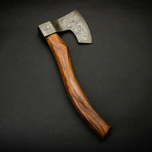 CUSTOM HAND FORGED DAMASCUS STEEL BURL WOOD CAMPING AXE WITH LEATHER SHEATH - SUSA KNIVES
