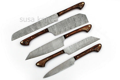 Custom Handmade Damascus Kitchen Knife Chef Knives Set -Brown- 5pcs. - SUSA KNIVES