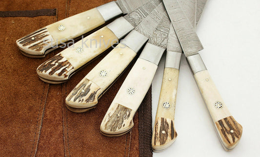 CUSTOM MADE DAMASCUS BLADE 6Pc's. KITCHEN KNIVES SET- With Case/Roll Bag - SUSA KNIVES