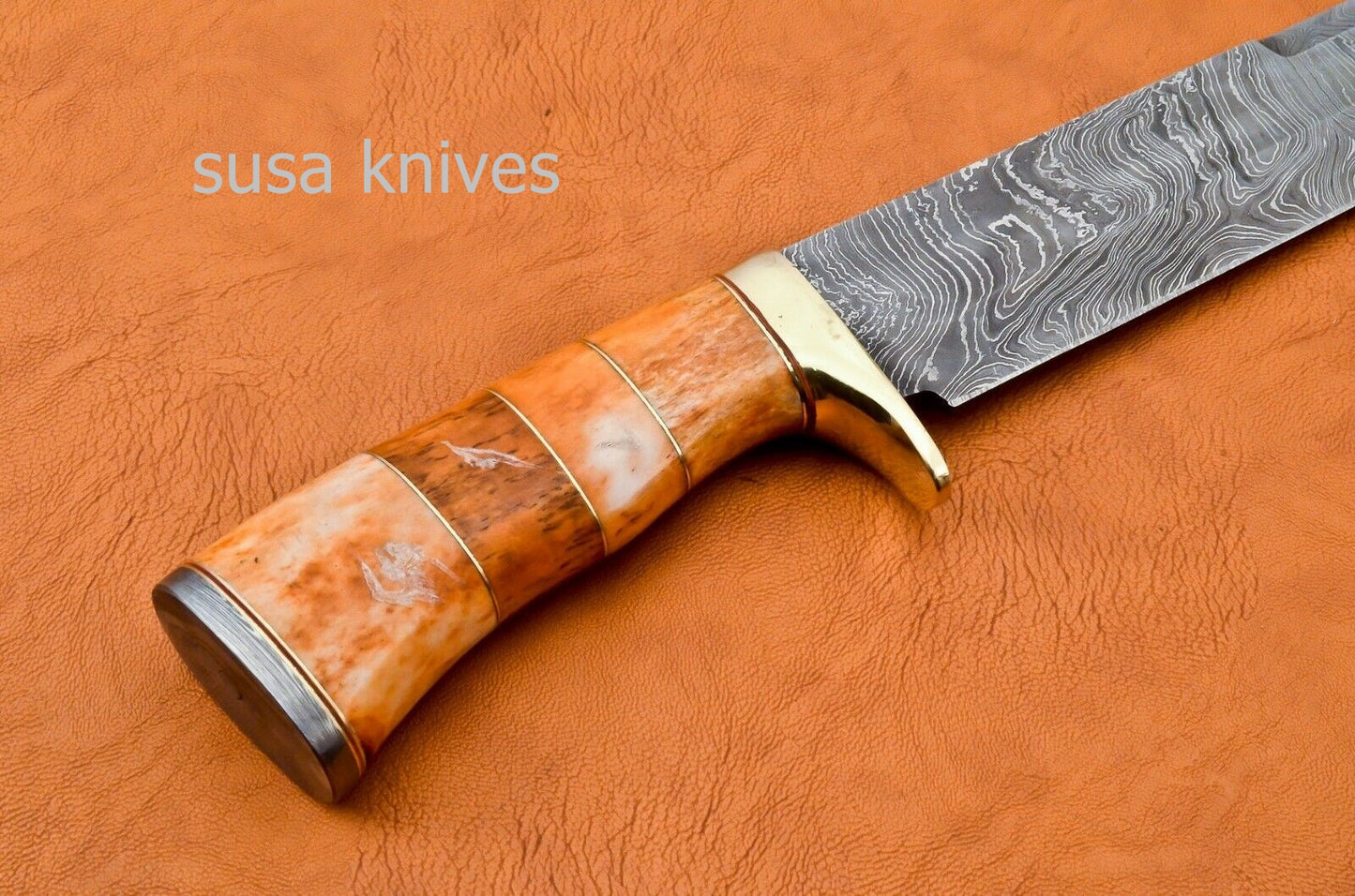 Handmade Damascus Steel Bowie Knive - Coloured Cammel Bone Handle - SUSA KNIVES