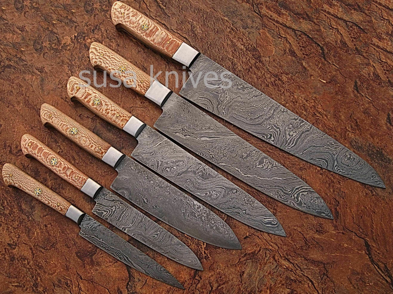 USTOM MADE DAMASCUS BLADE 6Pcs. CHEF/KITCHEN KNIVES SET - SUSA KNIVES