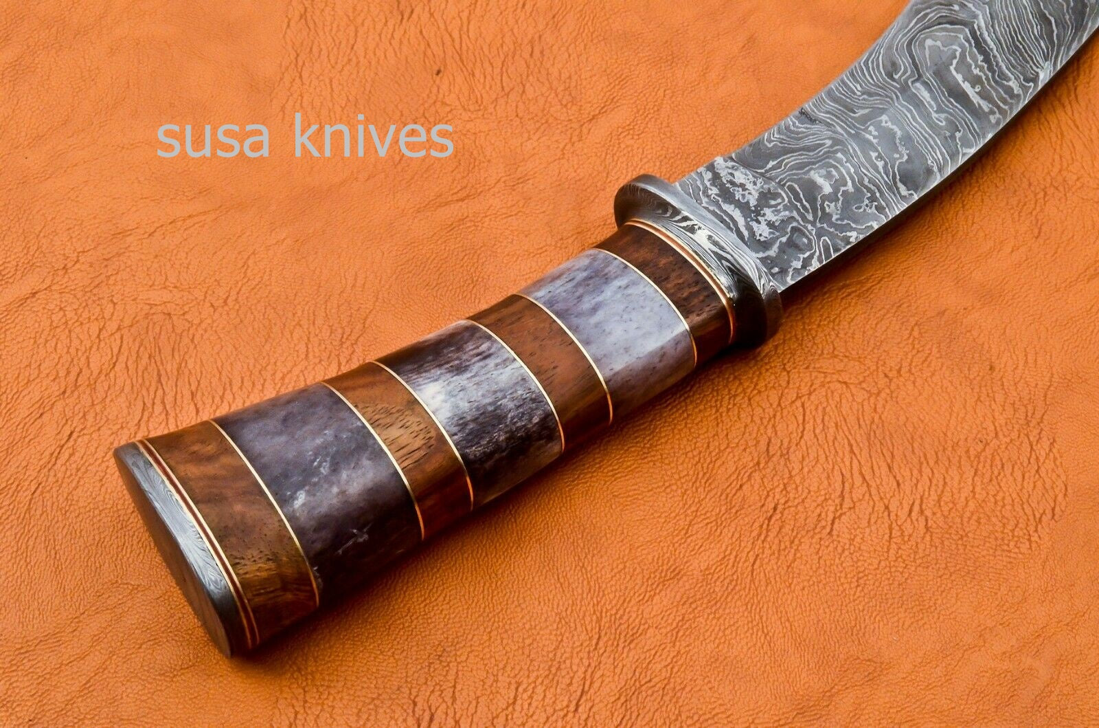 Handmade Damascus Steel Bowie Knive - Cammel Bone & Rose Wood Handle - SUSA KNIVES