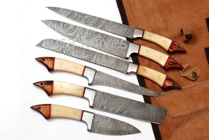 Custom made damascus steel 6Pc's kitchen/chef knife set with Leather rol bag - SUSA KNIVES