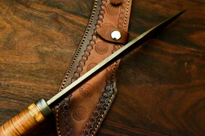 Custom Handmade Damascus Steel Bowie Knife | Sheath | Leather Roll Handle - SUSA KNIVES