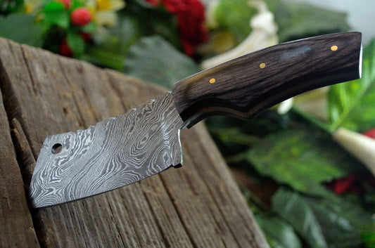 CUSTOM MADE DAMASCUS STEEL 7" EXOTIC WOOD MINI CLEAVER KNIFE WITH POUCH - SUSA KNIVES