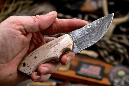 Handmade Raindrop Damascus Custom Camel Bone Small Skinning Utility Knife - SUSA KNIVES