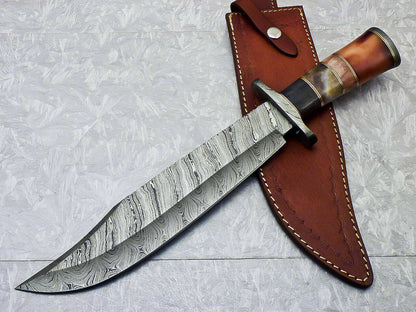 Amazing Custom Handmade Damascus Steel Bowie Knife " Stained Camel bone Handle - SUSA KNIVES