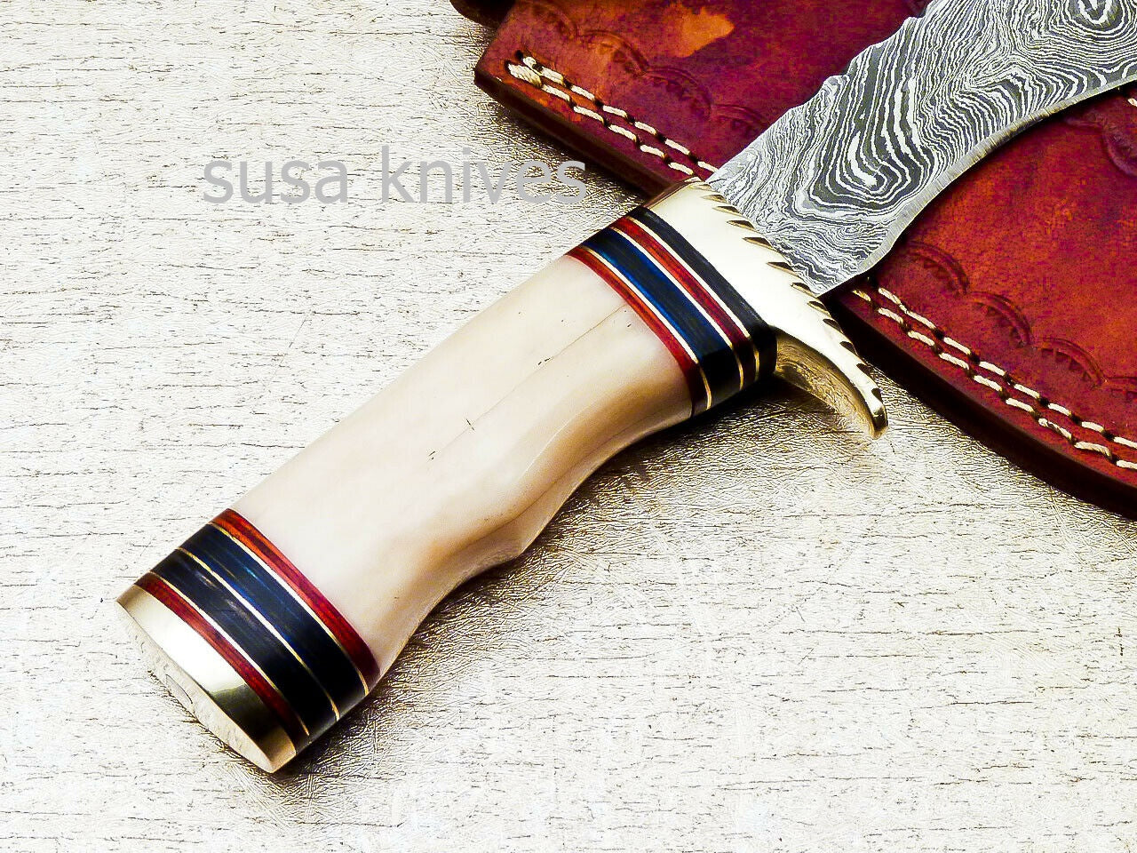 HAND FORGED DAMASCUS 9.5" KUKRI KNIFE WITH CAMEL BONE HANDLE - SUSA KNIVES