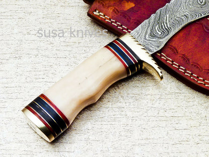 HAND FORGED DAMASCUS 9.5" KUKRI KNIFE WITH CAMEL BONE HANDLE - SUSA KNIVES