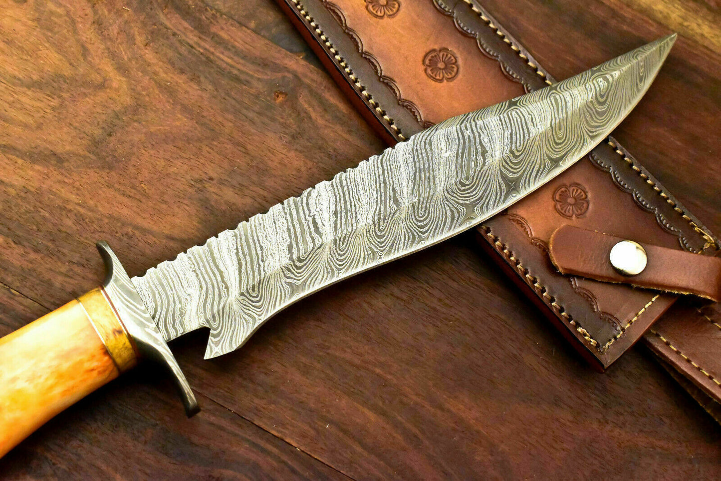 Custom Handmade Damascus Steel Hunting Knife | Sheath |Stained Camel Bone Handle - SUSA KNIVES