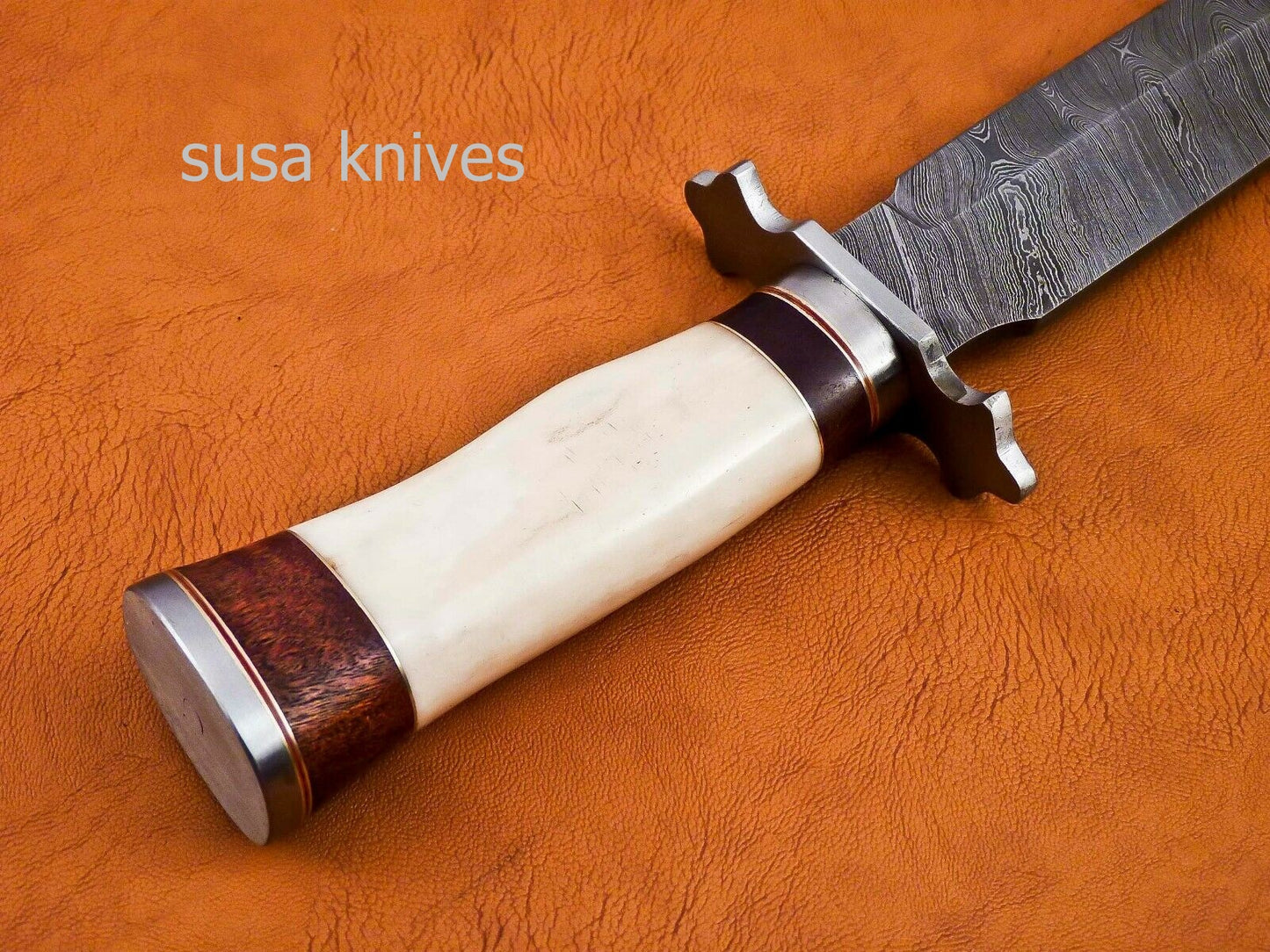 Handmade Damascus Steel Bowie Knive - Cammel Bone & Rose Wood Handle - SUSA KNIVES