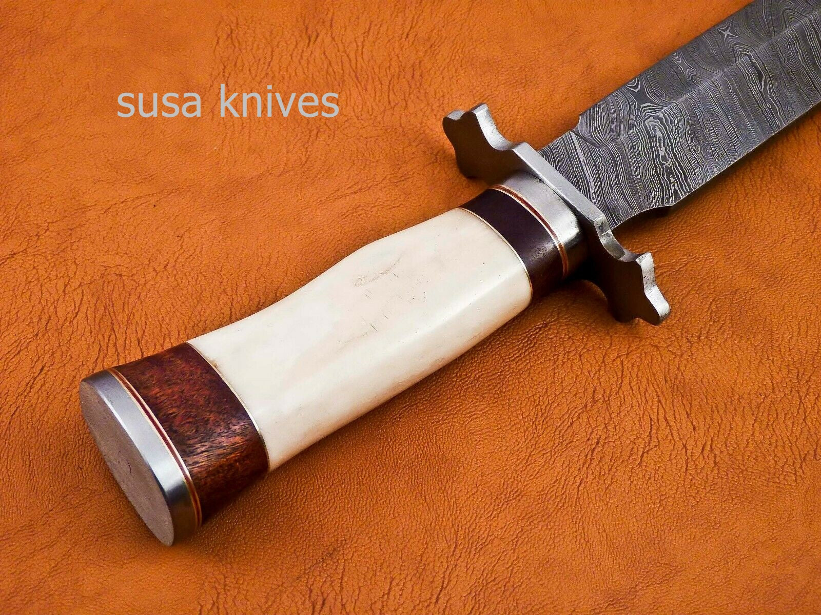 Handmade Damascus Steel Bowie Knive - Cammel Bone & Rose Wood Handle - SUSA KNIVES